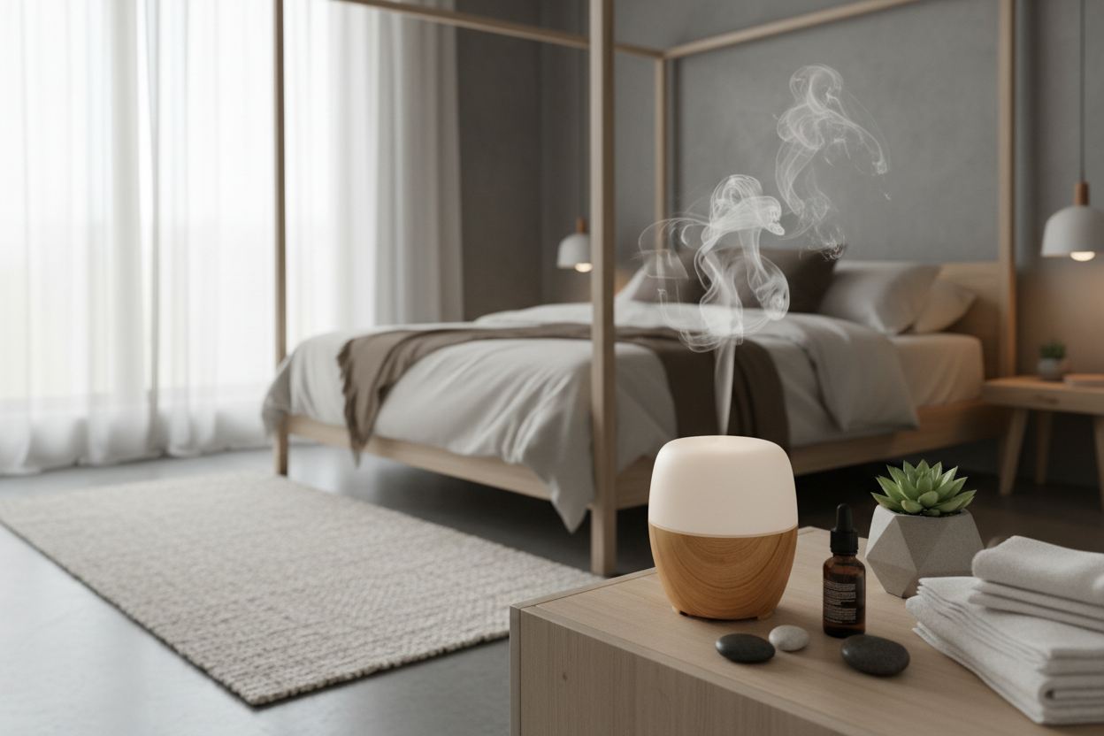 Aromatherapy diffuser releasing mist in modern bedroom