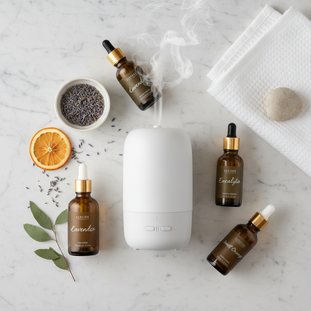 Aromatherapy diffuser with essential oil bottles arranged elegantly