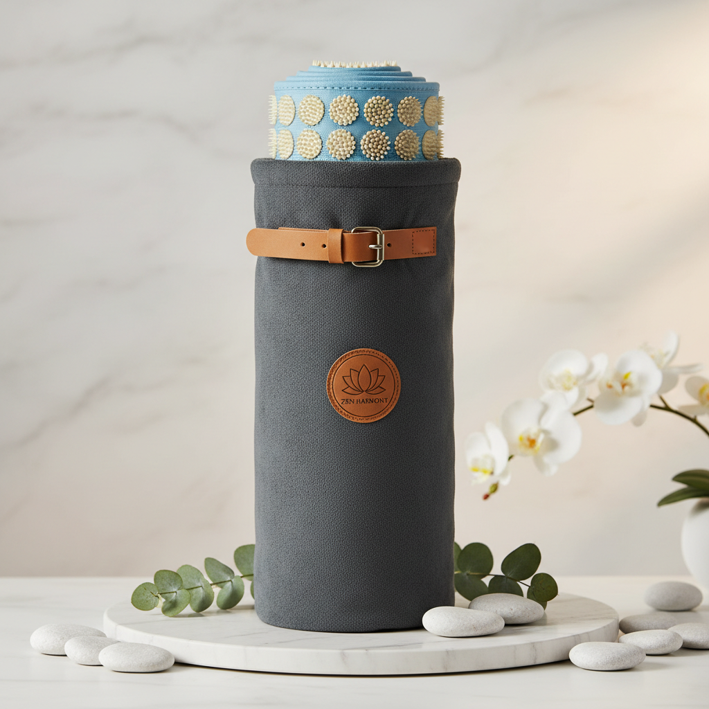 Acupressure mat rolled up with carrying case