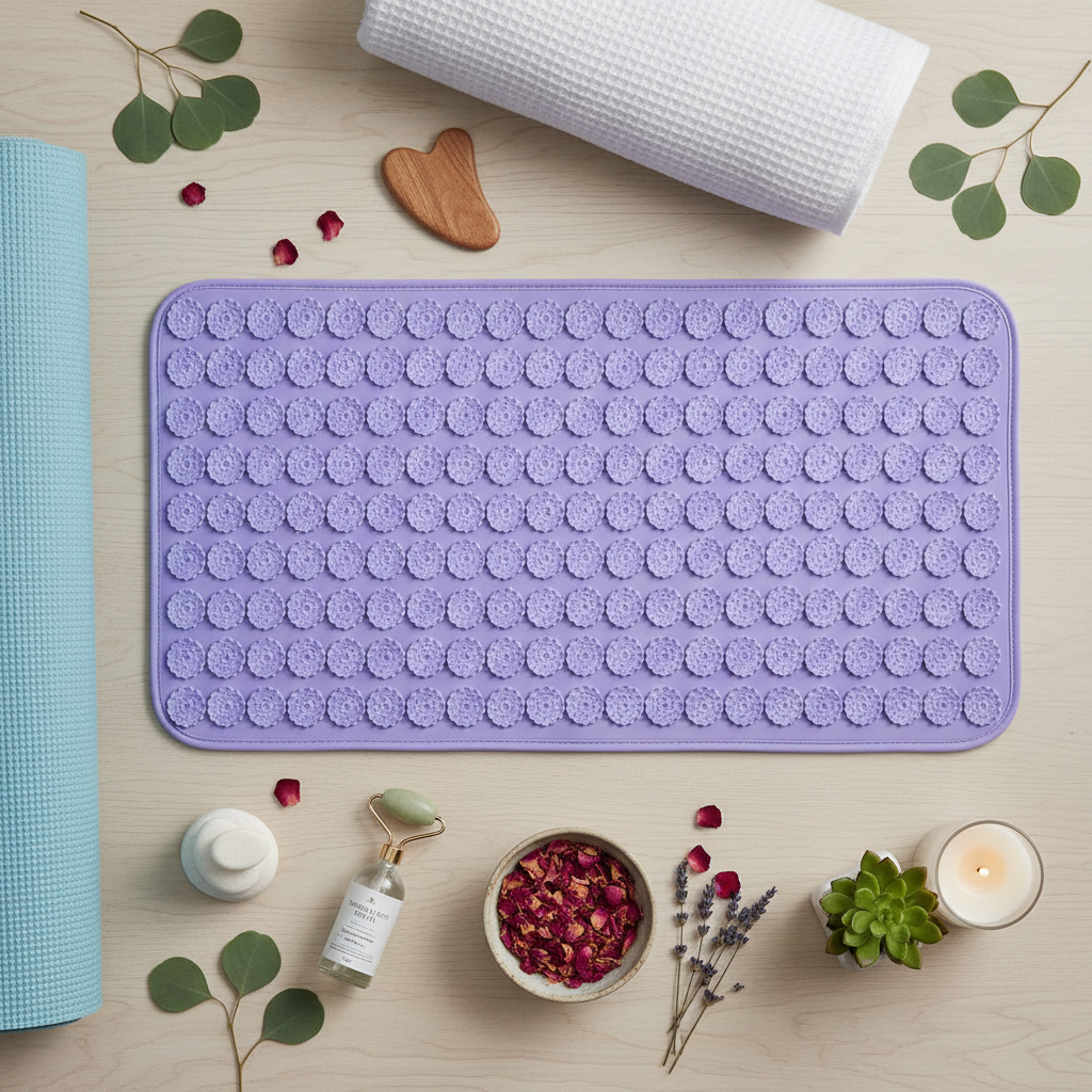 Acupressure mat flat lay with wellness accessories