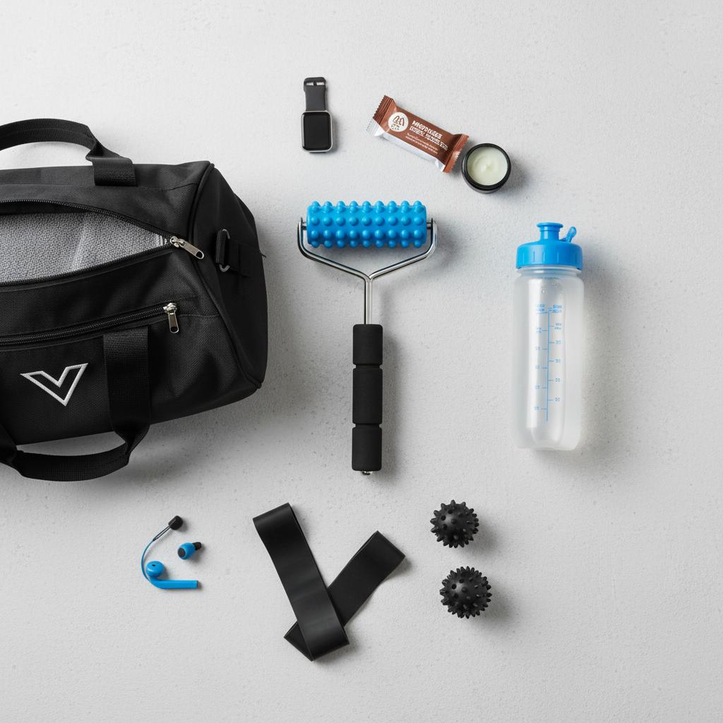 Massage roller stick with gym bag and water bottle