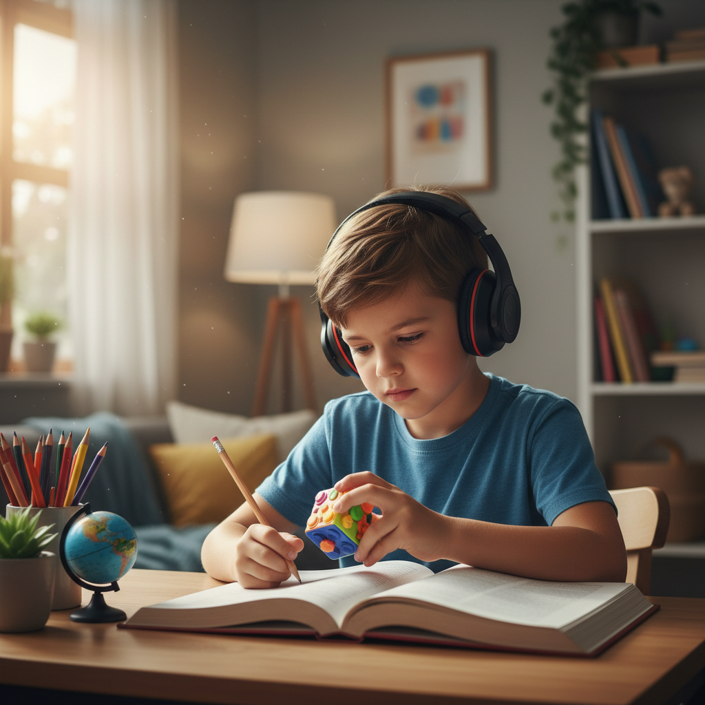 Child using fidget while studying