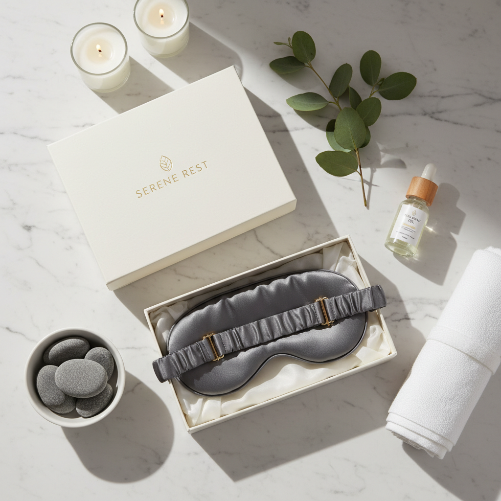 Sleep eye mask with adjustable strap and premium packaging